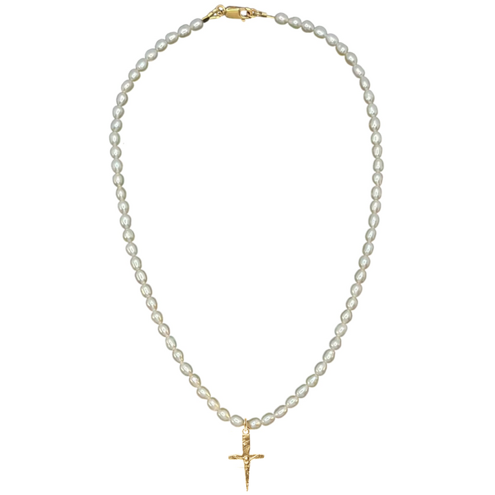 Pearl necklace with a gold cross pendant on a white background