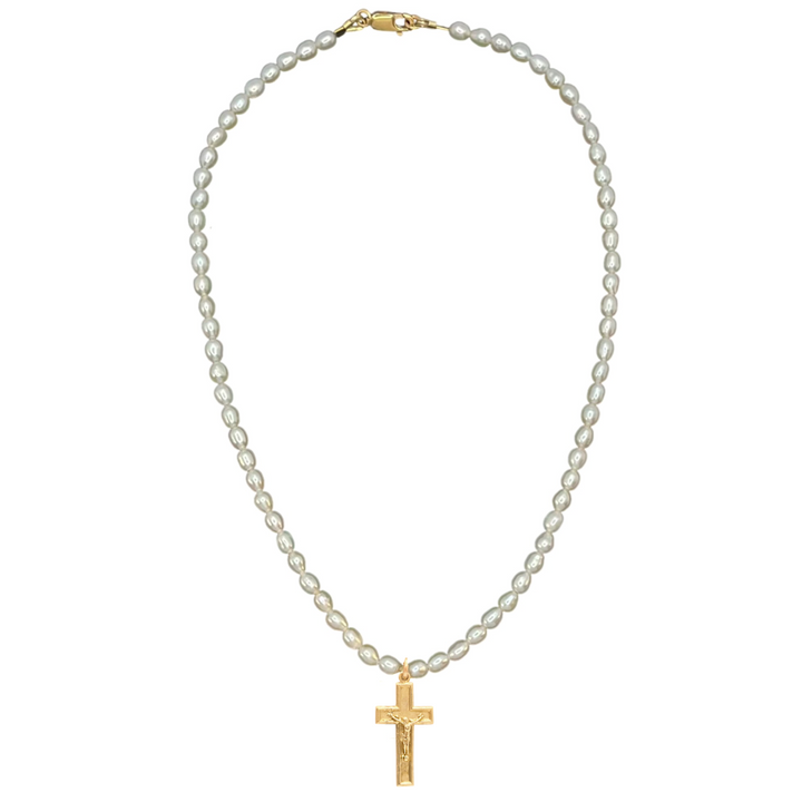 Pearl necklace with a gold cross pendant on a white background