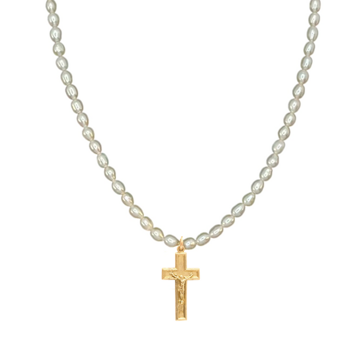 Pearl necklace with a gold cross pendant on a white background