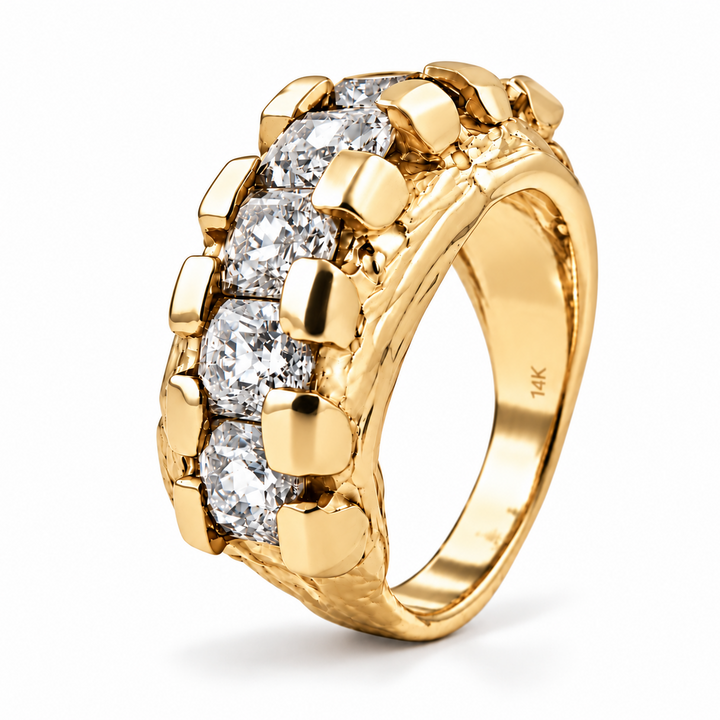 A yellow gold ring featuring a row of clear round-cut gemstones set in a textured, claw-like setting. The ring is photographed on a clean white background with a soft shadow.