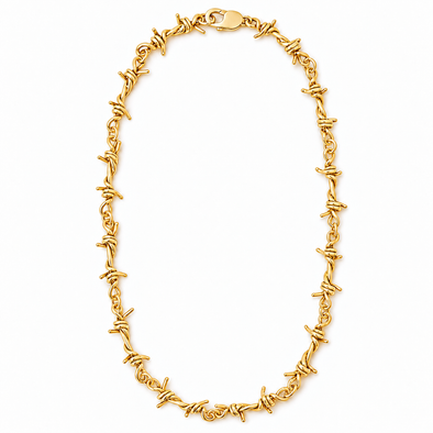 A gold barbed wire necklace with a lobster clasp, displayed on a clean white background.