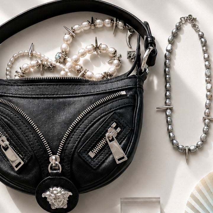 Collection of fashion items including a black handbag, jewelry, sunglasses, and a fan on a white surface.
