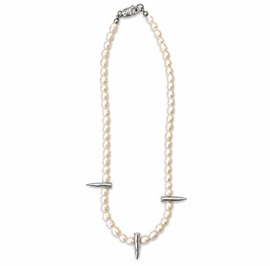 A double-strand pearl necklace with silver-toned metal spikes and a clasp, displayed on a clean white background.