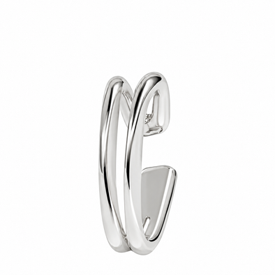 A polished silver-toned metal huggie hoop earring with a unique overlapping double-band design, shown on a solid white background.