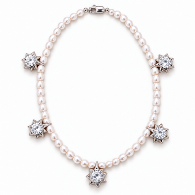 A pearl necklace with five star-shaped settings, each holding a clear round gemstone, displayed on a clean white background.