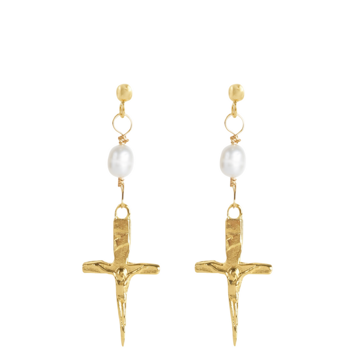 Gold cross earrings with pearl beads on a white background