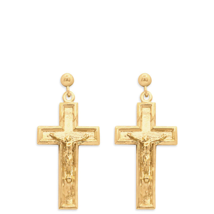 Gold cross earrings on a white background