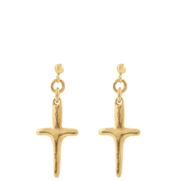 Gold cross-shaped earrings on a white background