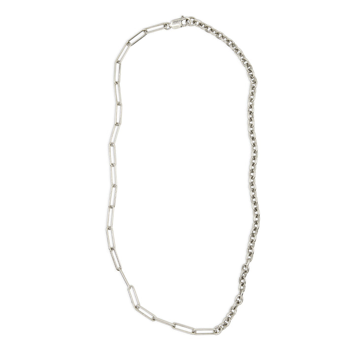 A silver necklace with a combination of paperclip and cable chain links.