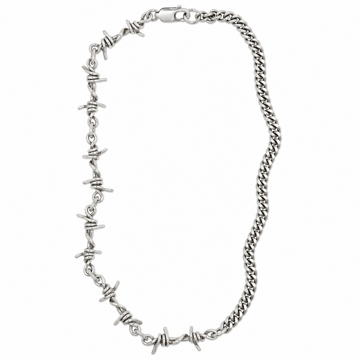 A silver-toned barbed wire chain necklace with a lobster clasp, displayed on a clean white background.
