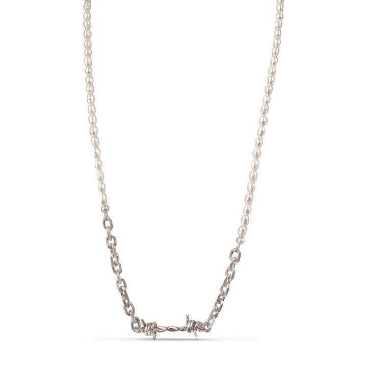 Silver necklace with a unique clasp design on a white background