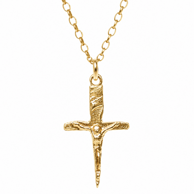 A gold crucifix pendant necklace on a matching gold chain, shown against a plain white background.