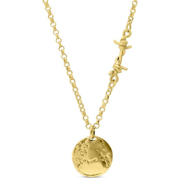 A 14K gold necklace with a barbed wire link design and a coin pendant hanging from a rolo chain.