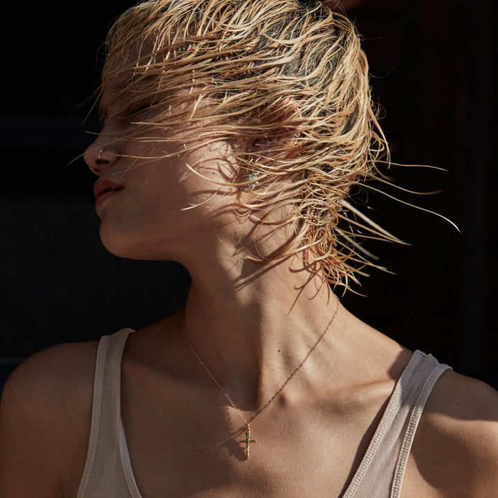 mini crucifix dagger necklace on model 1.15mm rolo chain