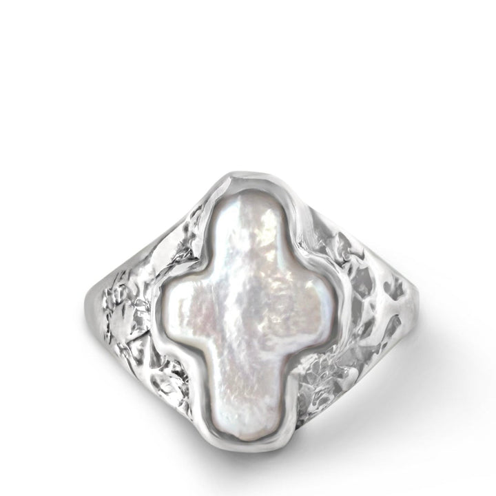 silver signet with a cross shaped pearl in bezel setting