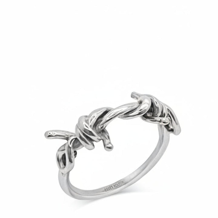 Silver ring with dolphin designs on a white background