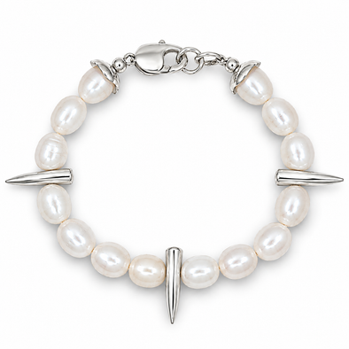 A silver-toned beaded bracelet featuring irregular white freshwater pearls, three polished spike charms, and a lobster clasp closure, shown on a clean white background.