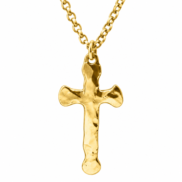 A textured gold cross pendant necklace on a matching gold chain, shown against a plain white background.