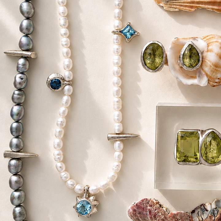 Pearl necklaces, shell earrings, and gemstone earrings on a light background