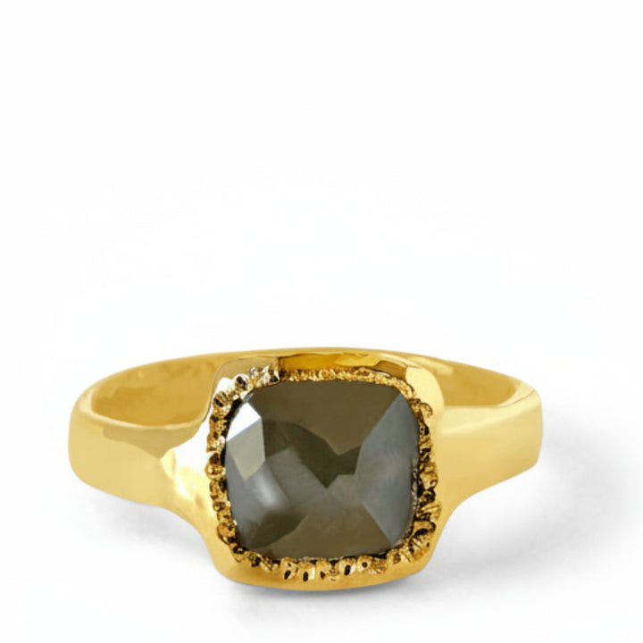Gold ring with a large faceted stone on a white background