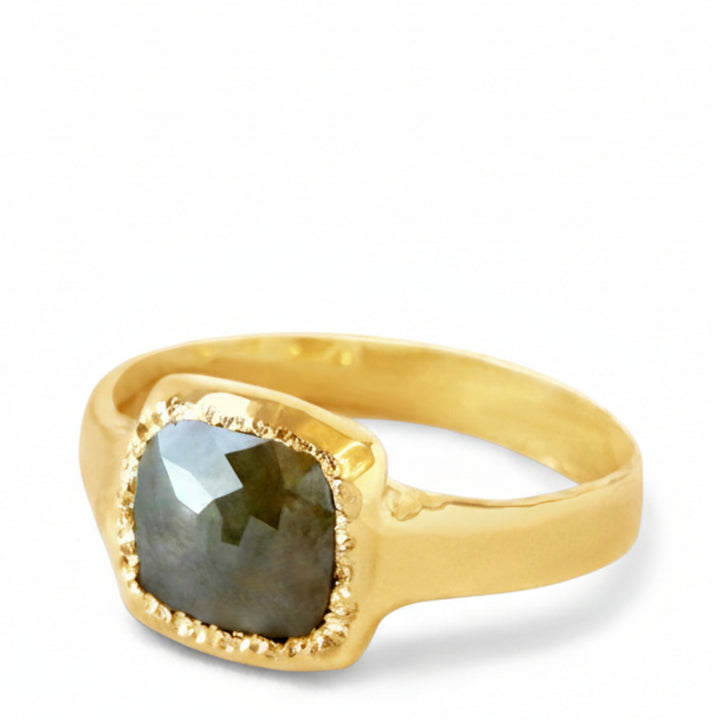 Gold ring with a gray gemstone on a white background