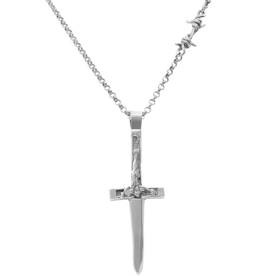 Silver dagger-shaped pendant on a chain against a white background