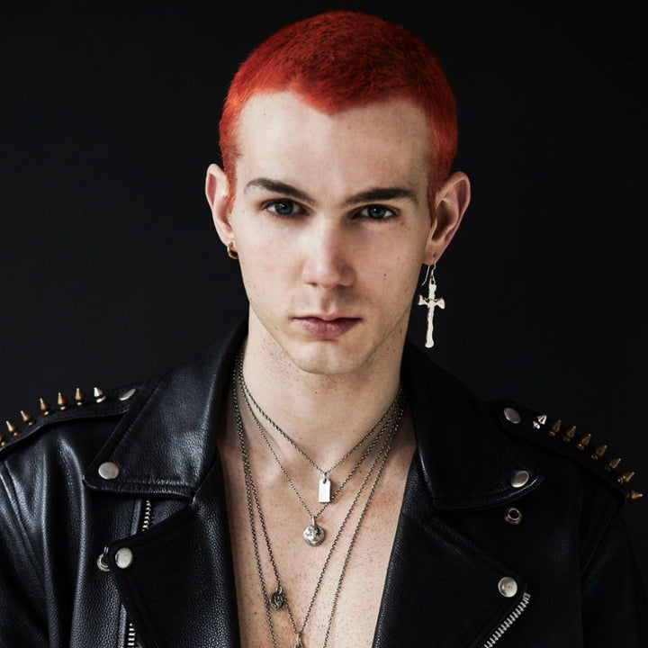 male model wearing our gravestone pendant in rolo chain