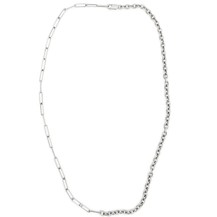 Half mini paperclip link chain and half classic cable chain necklace in solid sterling silver, shot in white backgorund