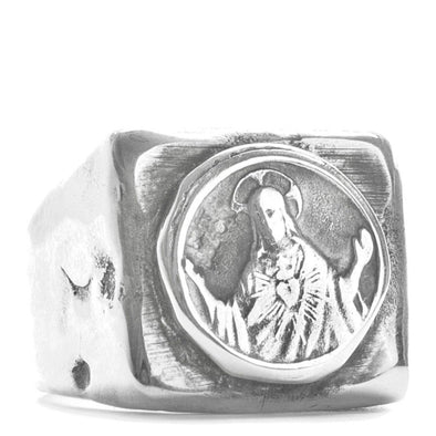 Handmade Sterling Silver square face signet ring with a hand carved Saint coin.