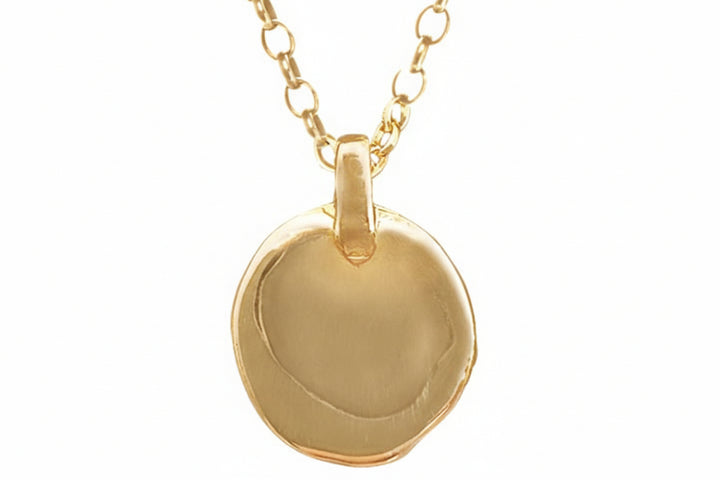 organic shaped coin made from 14k Gold with 14k Gold rolo chain