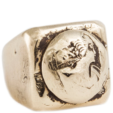 Handmade recycled Brass signet ring with a maiden coin resting atop the square face of the ring