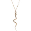 14k gold pleated snake shaped pendant hanging from 14k gold filled beaded chain with pearl