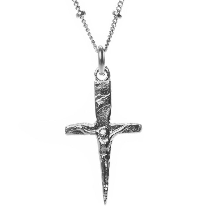 sterling silver mini crucifix dagger pendant hanging from sterling silver beaded chain