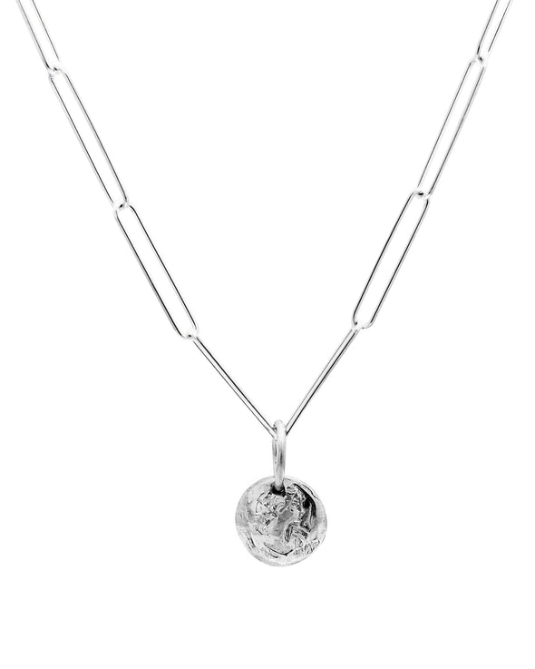 coin with hand carved Maiden in Sterling Silver, hanging from paper clip chain