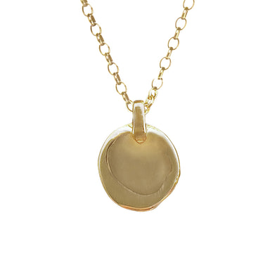 organic shaped coin made from cast Brass  plated in 14k Gold with 14k Gold filled rolo chain