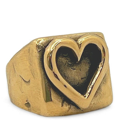 square shaped signet ring with a heart soldered into it, shot in white background
