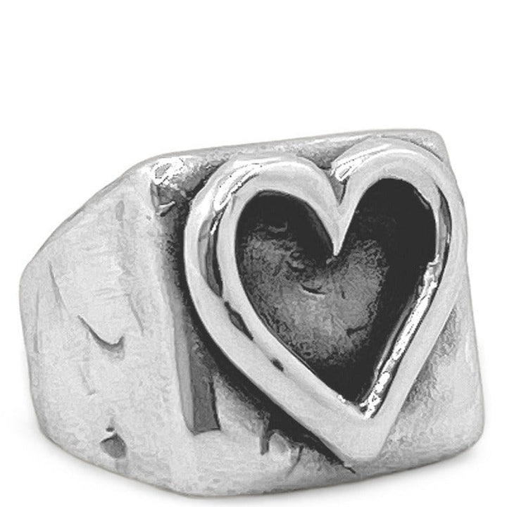 square shaped signet ring with a heart soldered into it, shot in white background
