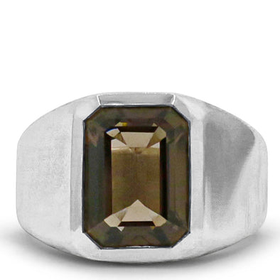 emerald-cut smokey topaz set in thick sterling silver signet ring