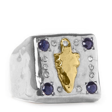 sterling silver square signet ring with with 4 Blue Sapphire rounds, and 11 natural salt & pepper Diamonds, and a 14k gold arrowhead pendant soldered in the center, shot in white background