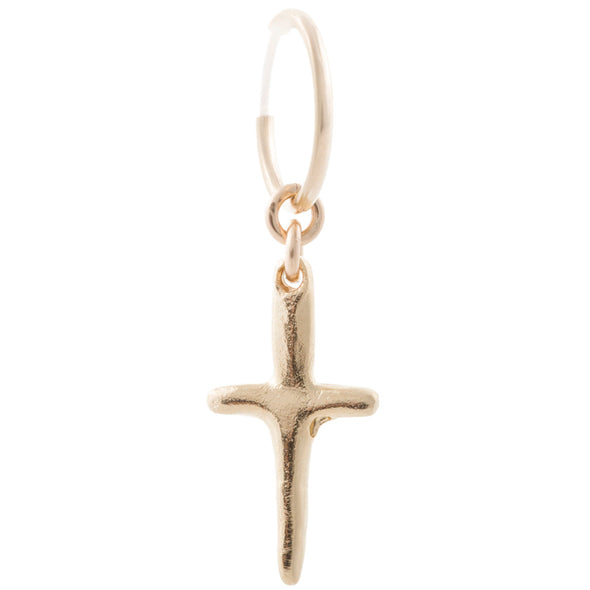 Handmade 14k Gold Plated Cross pendant hanging from a hypoallergenic 14k Gold Filled hoop.