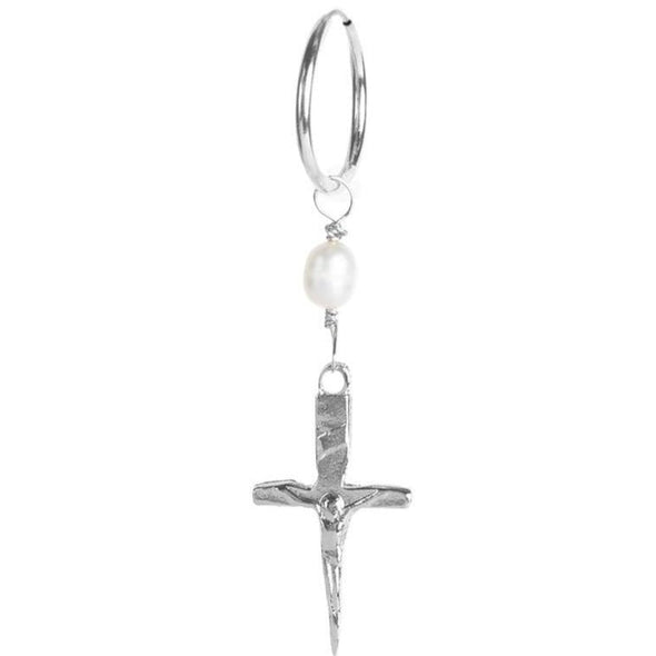 Handmade Sterling Silver crucifix pendant and Freshwater Pearl hanging from a hypoallergenic Sterling SIlver Argentium hoop.