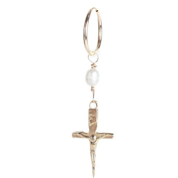 Handmade 14k gold pleated crucifix pendant and Freshwater Pearl hanging from a hypoallergenic 14k gold filled hoop