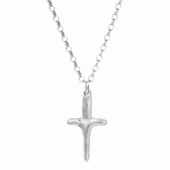 Handmade Sterling Silver mini Cross pendent hanging from a Sterling Silver rolo chain.
