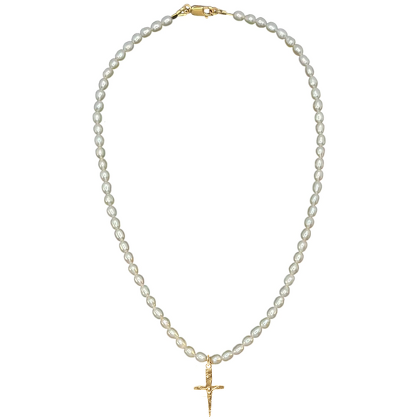 Pearl necklace with a gold cross pendant on a white background
