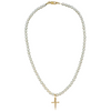 Pearl necklace with a gold cross pendant on a white background