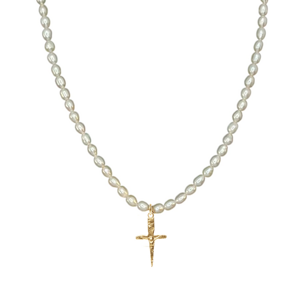 Pearl necklace with a gold cross pendant on a white background