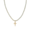 Pearl necklace with a gold cross pendant on a white background