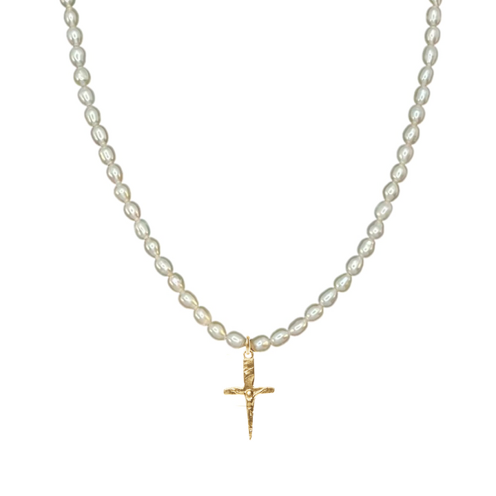 Pearl necklace with a gold cross pendant on a white background