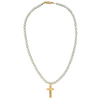 Pearl necklace with a gold cross pendant on a white background