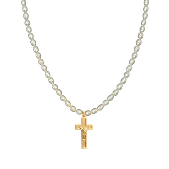 Pearl necklace with a gold cross pendant on a white background